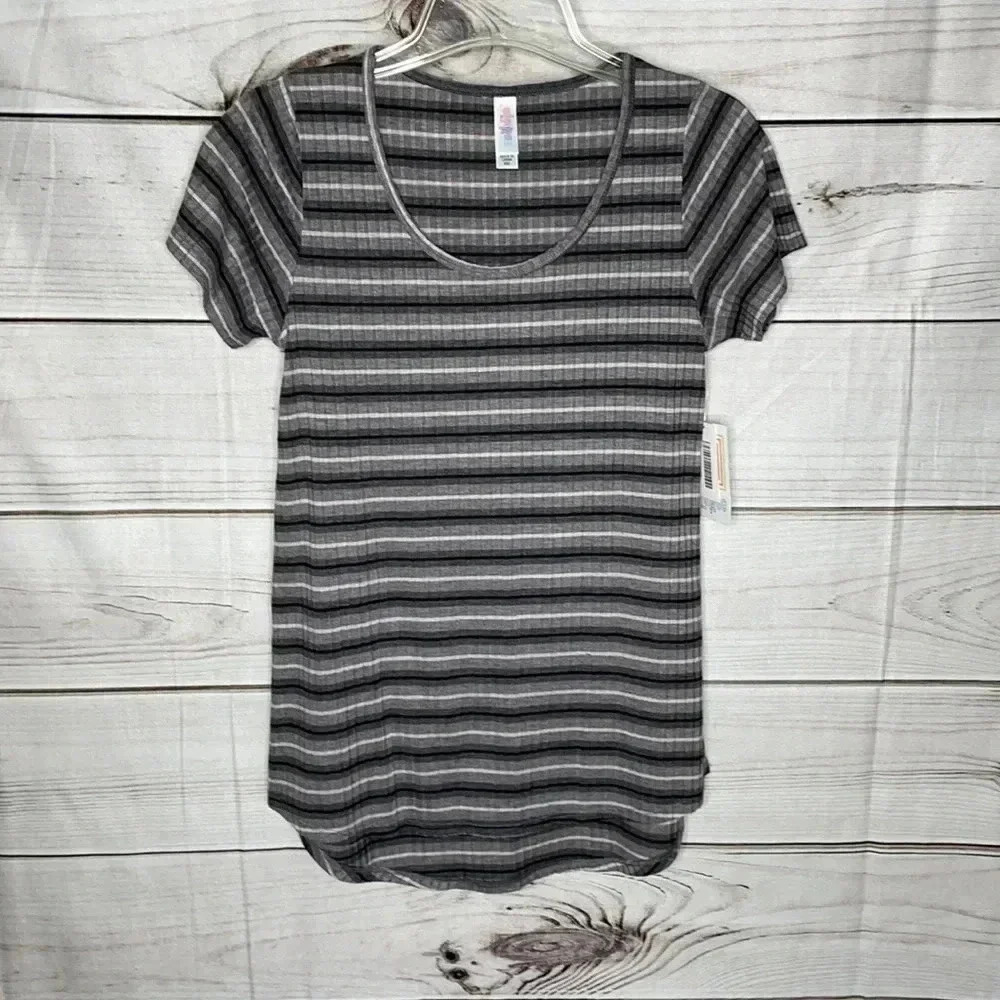 LuLaRoe Classic T Top Women XXS Grey Striped Ribbed Knit Short Sleeve Scoop Neck